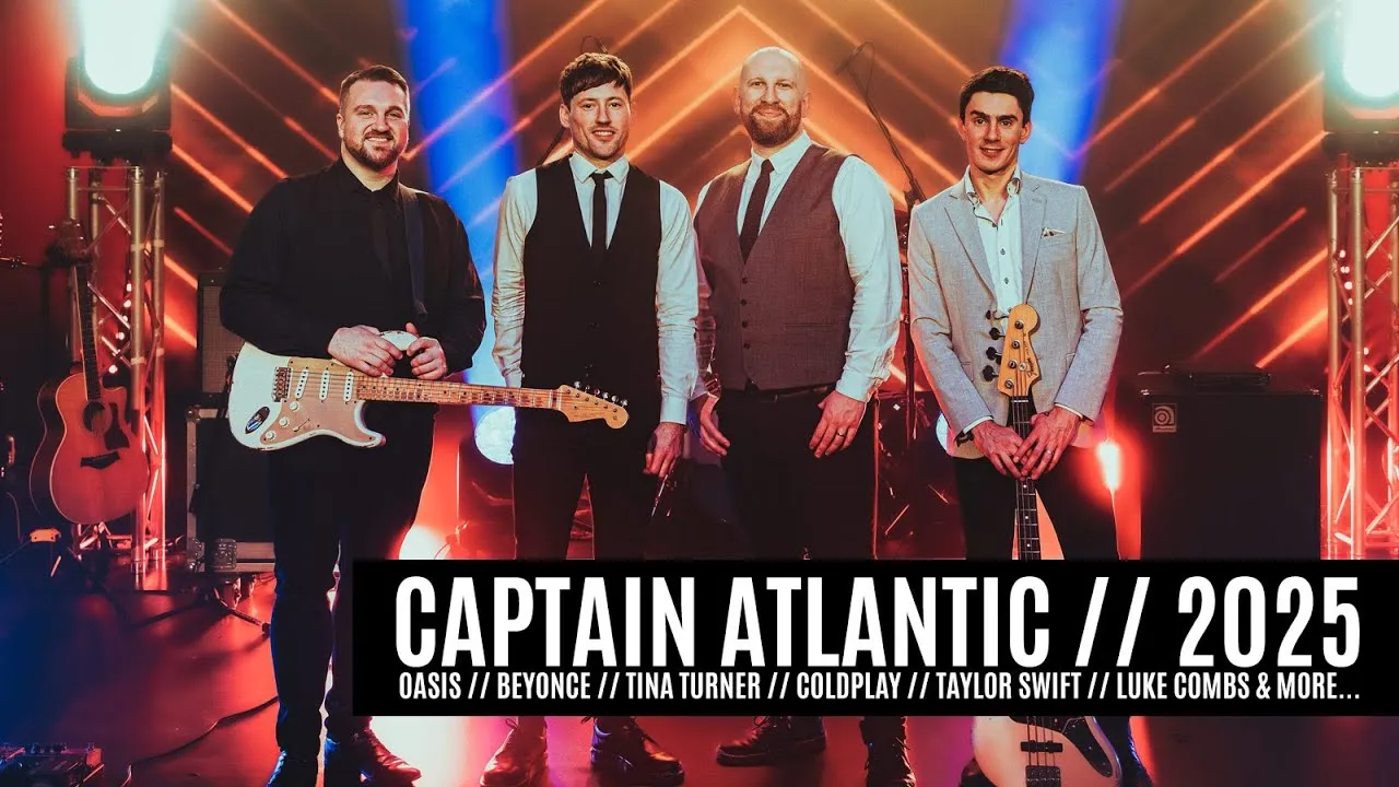 Four male musicians standing on stage with guitars and colorful stage lights in the background, with text overlay reading 'Captain Atlantic // 2025' and listing artists Oasis, Beyonce, Tina Turner, Coldplay, Taylor Swift, Luke Combs & more.